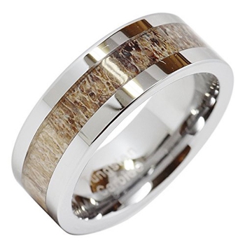 100S JEWELRY Mens Tungsten Ring Deer Antler Inlaid Wedding Band Hammer Flat Band